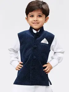 VASTRAMAY Boys Navy Blue Polka Dots Print Velvet Nehru Jacket