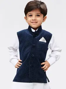 VASTRAMAY Boys Navy Blue Polka Dots Print Velvet Nehru Jacket