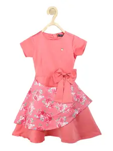 Allen Solly Junior Peach-Coloured Floral Dress with Bow Detail
