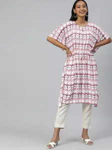 Global Desi Women White & Purple Geometric Printed Keyhole Neck Extended Sleeves Kaftan Kurta