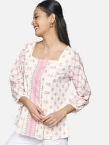 Global Desi Off White & Pink Floral A-Line Top