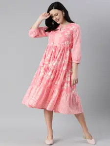 Global Desi Pink & White Floral Tiered Midi Dress