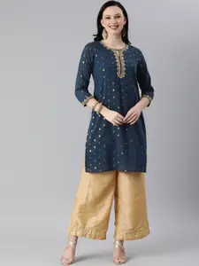 Global Desi Women Navy Blue & Gold-Coloured Printed Keyhole Neck Straight Kurta