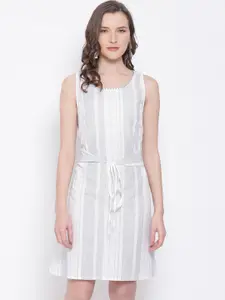 LY2 Women White & Grey Striped A-Line Dress