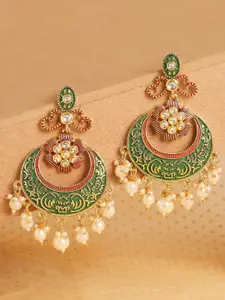 OOMPH OOMPH Green Meenakari Enamel with Kundan and Pearls Ethnic Chandbali Earrings