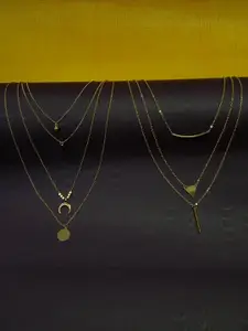 OOMPH Women Set Of 2 Gold-Toned Layered Charm Crystal Necklace