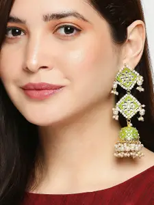 OOMPH Green & White Meenakari & Kundan Ethnic Long Jhumka Earrings