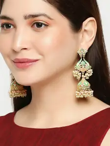 OOMPH Green & Pink Meenakari Enamel & Kundan Ethnic Long Jhumka Earrings