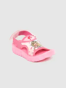 toothless Girls Pink &Yellow Barbie Print Open Toe Flats
