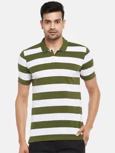 BYFORD by Pantaloons Men Olive Green  White Striped Polo Collar Slim Fit Pure Cotton T-shirt