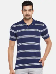 BYFORD by Pantaloons Men Blue  White Striped Polo Collar Slim Fit Pure Cotton T-shirt