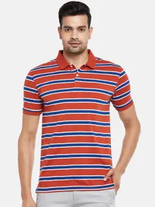 BYFORD by Pantaloons Men Rust  Blue Striped Polo Collar Slim Fit Pure Cotton T-shirt