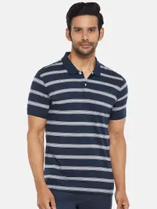 BYFORD by Pantaloons Men Navy Blue  Grey Striped Polo Collar Pockets Slim Fit Pure Cotton T-shirt