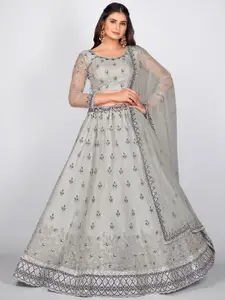 SHOPGARB Women Grey Embroidered Semi-Stitched Lehenga & Unstitched Blouse With Dupatta