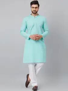 See Designs Men Turquoise Blue Embroidered Regular Chikankari Pure Cotton Kurta with Churidar