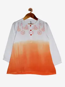 KiddoPanti Girls Orange and White Dyed A-Line Kurta