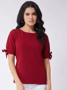 Zima Leto Red Regular Top With Tie-Up Sleeves