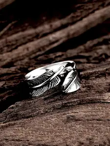 Yellow Chimes Silver-Toned Stainless Steel Antique Feather Finger Ring