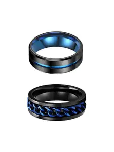 Yellow Chimes Men Set Of 2 Blue & Black Stainless Steel Band Finger Rings