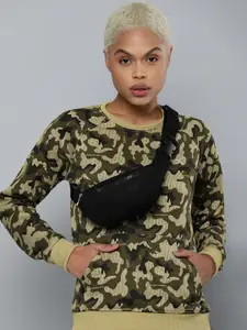 HRX By Hrithik Roshan Outdoor Women Olive Green & Black Comment Packable AOP Sweatshirts