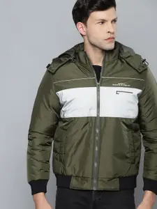 Fort Collins Men Olive Green & Grey Colourblocked Padded Detachable Hood Jacket