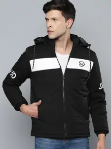 Fort Collins Men Black White Colourblocked Padded Jacket With Detachable Hood