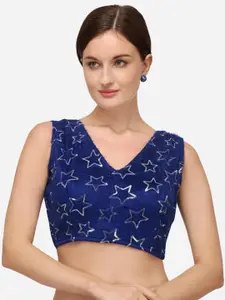 Fab Dadu Women Navy Blue Embroidered Readymade Saree Blouse