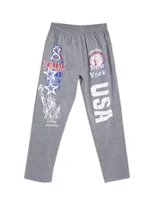 SWEET ANGEL Boys Grey Melange & White Graphic Printed Pure Cotton Straight-Fit Track Pants