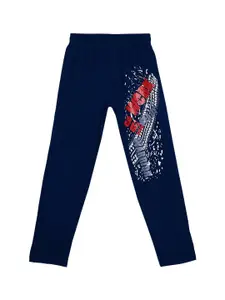 SWEET ANGEL Boys Navy Blue & Red Graphic Printed Pure Cotton Straight-Fit Track Pants
