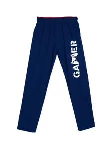 SWEET ANGEL Boys Navy Blue & White Typography Printed Straight-Fit Pure Cotton Track Pants
