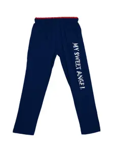 SWEET ANGEL Boys Navy Blue & White Typography Printed Straight-Fit Pure Cotton Track Pants