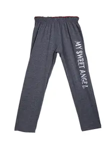 SWEET ANGEL Boys Charcoal Grey & White Typography Printed Straight-Fit Pure Cotton Track Pants