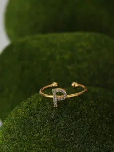 Carlton London Gold-Plated Letter P-Shaped Handcrafted CZ-Studded Adjustable Finger Ring