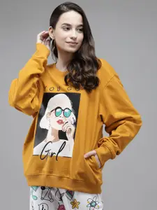 The Dry State Women Mustard Printed Oversize Sweatshirt