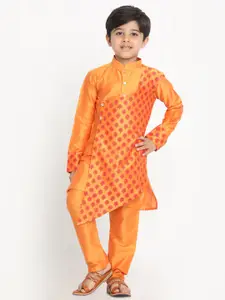 VASTRAMAY Boys Orange Printed Layered Kurta with Pyjamas