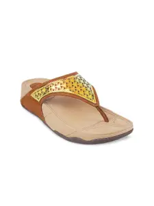 Metro Women Brown & Gold-Toned Embellished Wedge Sandals with Laser Cuts