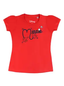 Disney by Wear Your Mind Girls Red Typography Minnie Mouse Printed Puff Sleeves Pure Cotton T-shirt