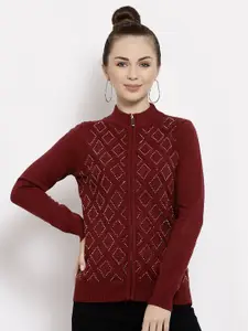 Mafadeny Women Maroon & White Self Design Front-Open Sweater With Embroidered Detailing