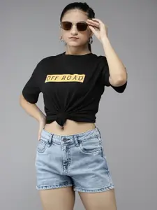 UTH by Roadster Teen Girls Black & Orange Cotton Typography Printed Drop-Shoulder T-shirt