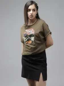 UTH by Roadster Girls Olive Green & Grey Printed Pure Cotton T-shirt