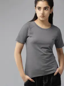 UTH by Roadster Girls Grey Solid Pure Cotton T-shirt