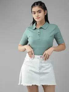 UTH by Roadster Girls Sage Green Self-Striped Polo Collar T-shirt