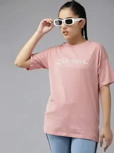 UTH by Roadster Girls Peach-Coloured & White Typography Printed Drop-Shoulder Sleeves Pure Cotton T-shirt