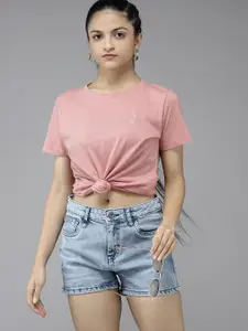 UTH by Roadster Teen Girls Peach-Coloured Solid Pure Cotton T-shirt