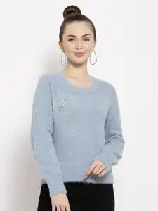 Mafadeny Women Blue Embroidered Sweater