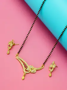 aadita Gold-Plated Black & White AD-Studded & Beaded Mangalsutra With Earrings