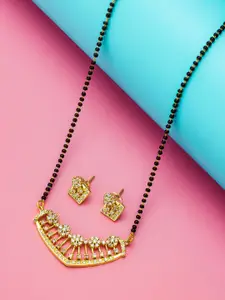 aadita Gold-Plated Black & White AD-Studded & Beaded Mangalsutra With Earrings