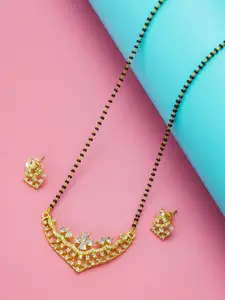 aadita Gold-Plated Black & White AD-Studded & Beaded Mangalsutra With Earrings