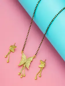 aadita Gold-Plated Black & White AD-Studded & Beaded Mangalsutra With Earrings