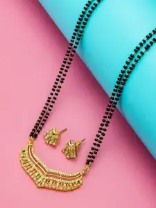 aadita Gold-Plated Black & White AD-Studded & Beaded Mangalsutra With Earrings